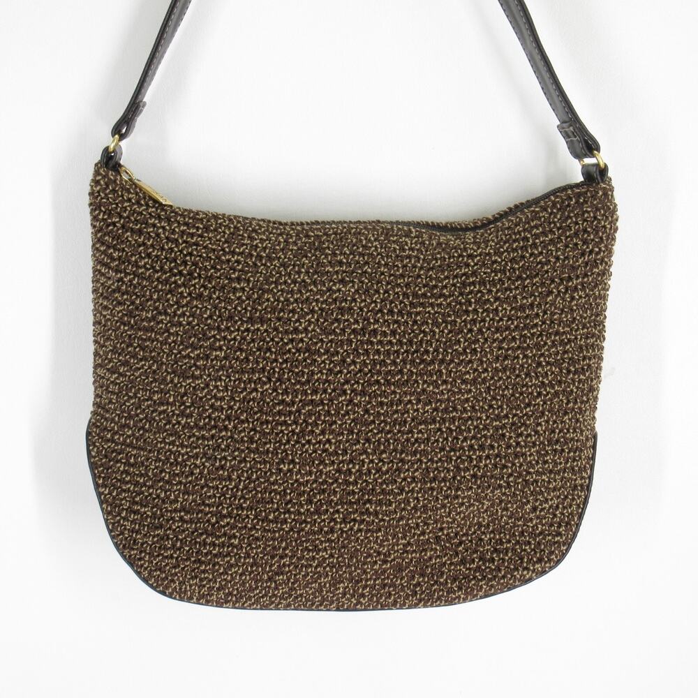 The Sak Handbag M Brown Crochet Nylon Lined Purse Shoulder Bag Faux Leather Trim